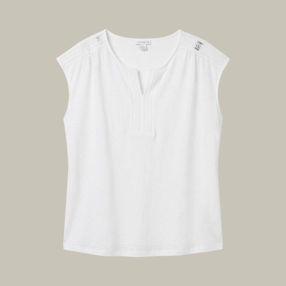 Liz Claiborne Womens 3X Ivory Lace Trim Split Neck Sleeveless Top Plus Size